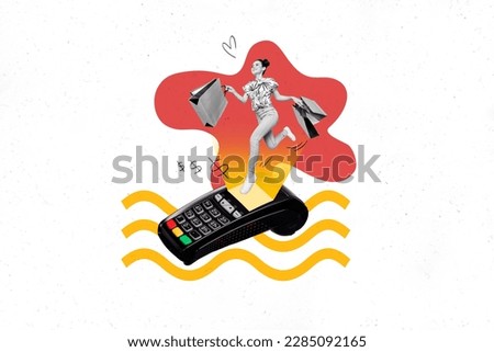 Photo cartoon comics sketch collage picture of excited lady holding shoppers wireless payment isolated drawing background