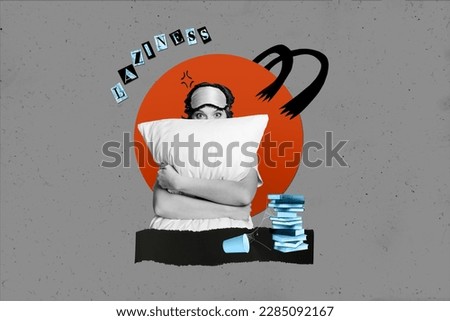 Photo collage artwork minimal picture of shy lady wear pajama having lazy mood isolated drawing background