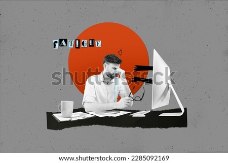 3d retro creative artwork template collage of stressed upset guy feeling tired working modern device isolated painting background