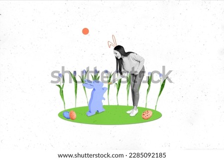 Creative 3d photo collage artwork graphics painting of smiling lady feeding easter rabbit isolated drawing background