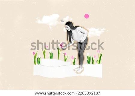 Creative template graphics collage image of happy charming lady holding butterfly enjoying flowers isolated drawing background