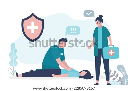 Emergency doctors doing cardiopulmonary resuscitation of woman. Paramedic giving indirect heart massage first aid to patient. 911 or 112 ambulance and paramedics with patient. flat vector illustration Royalty-Free Stock Photo #2285098167