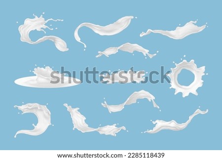 Realistic milk splashes with drops and splatters. Splashes of milk or white liquid isolated on blue background. Liquid flow streams set. Milky or dairy fresh product. Vector realistic.