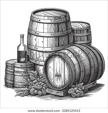 Hand Drawn Engraving Pen and Ink Stack of Wine Barrels Vintage Vector Illustration Royalty-Free Stock Photo #2285125413