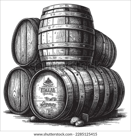Hand Drawn Engraving Pen and Ink Stack of Wine Barrels Vintage Vector Illustration Royalty-Free Stock Photo #2285125415