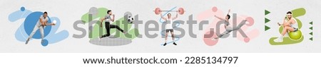 Panorama photo collage cadre of young sportive people fit gym concept muscle biceps strong play baseball football isolated on grey background