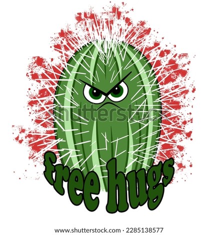Angry green cactus-sociopath against a red splash in the background is giving free hugs. Digital illustration