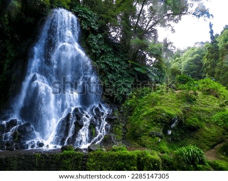 Waterfall at Botanical Garden of Ribeira do Guilherme, S?o Miguel Island, Azores arhipelago. Beauty of nature concept. Royalty-Free Stock Photo #2285147305