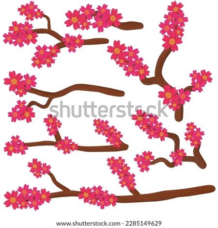 Set of Plasticine pink cherry blossom on brown branch for graphic design use on white