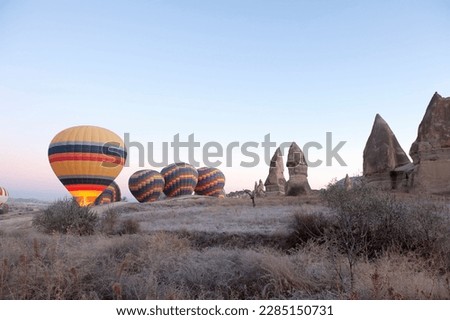 Beautiful colorful hot air balloons flying in clear morning sky