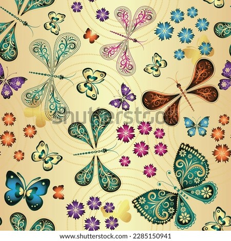 Vector seamless spring golden floral pattern with openwork butterflies and dragonflies