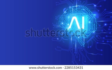 Circuit board CPU chip with AI smart brain big data processing futuristic technology. Artificial intelligence micro processor unit storage database vector concept background.