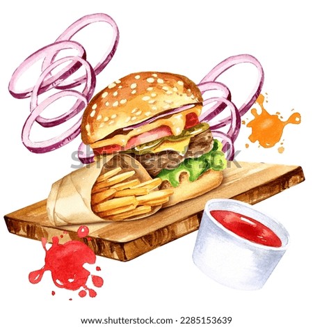 watercolour burger with meat, slises of onion, tomatos, salad and fried potatoes on a cutting board with red sause and different splashes isolated on white background