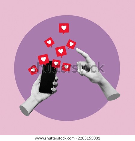 Female hand pointing to like symbols of social networks from mobile phone with black blank screen on violet color background. 3d trendy collage in magazine urban style. Contemporary art. Modern design