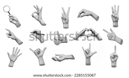 Collection of 3d hands showing gestures ok, peace, thumb up, point to object, shaka, rock, holding magnifying glass, writing on white background. Contemporary art, creative collage. Modern design Royalty-Free Stock Photo #2285155087