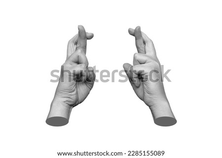 Female hands crossing fingers for good luck isolated on a white background. Waiting for the results. 3d trendy collage in magazine urban style. Contemporary art. Modern design Royalty-Free Stock Photo #2285155089