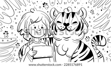 Illustration in line art style of cute girl and tiger. It can be used as art, print, pattern, coloring book, etc.