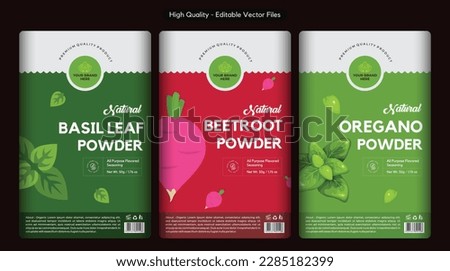 Basil powder beetroot powder oregano powder labels design, herbs label collection box design, spice seasoning label template vector. Abstract vector packaging design layout set with realistic shadow.