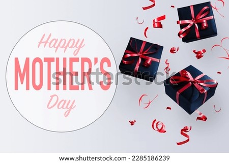 Top view aerial image of decoration Happy mothers day holiday background concept. Flat lay mom white card with gift box