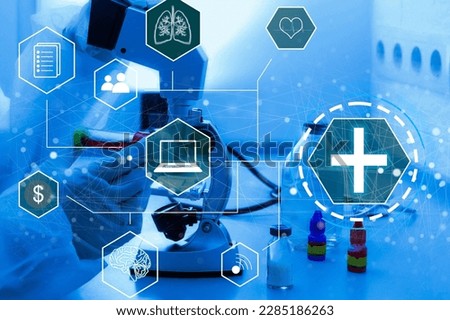 Medical technology concept. Doctor and illustration of different icons, closeup