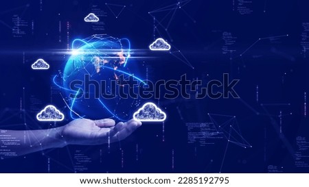 cloud and edge computing technology. Secure database storage is protected from unauthorized access and cyber threats. Polygons and interconnected global cloud network on dark blue background. Royalty-Free Stock Photo #2285192795