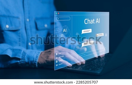 ChatGPT Chat with AI or Artificial Intelligence technology. Man using a laptop computer chatting with an intelligent artificial intelligence asks for the answers he wants. Smart assistant, Chat AI, Royalty-Free Stock Photo #2285205707