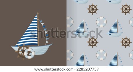 Set of postcards and seamless patterns in nautical style. Marine theme in blue colors. Children's postcards and backgrounds. Ships, sailboats, flags, compass, lifebuoy, lighthouse
