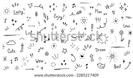 Doodle cute glitter pen line elements. Doodle heart, arrow, star, sparkle decoration symbol set icon. Simple sketch line style emphasis, attention, pattern elements. Vector illustration. Royalty-Free Stock Photo #2285217409