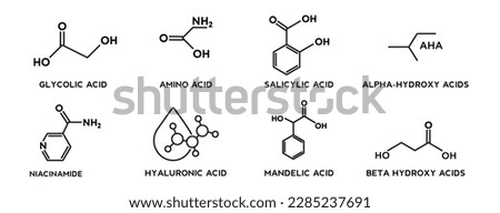 Set of Glycolic, Niacinamide, Amino, Hyaluronic, Salicylic, Mandelic, Alpha-hydroxy and Beta hydroxy acids icons collection Royalty-Free Stock Photo #2285237691