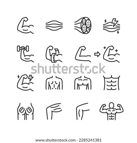 Muscles, linear style icons set. Muscle tissue, structure and muscles of different parts of the body. Increase strength and volume, gym, bodybuilding. Editable stroke width Royalty-Free Stock Photo #2285241381