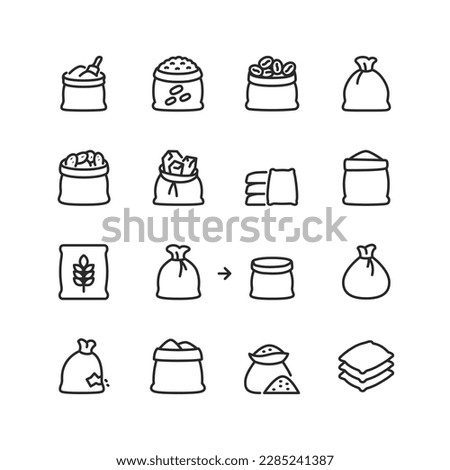 Sack, bag linear style icons set. Bag of grains, gems, coffee, flour, rice, and other cereals. Storage bags. Editable stroke width Royalty-Free Stock Photo #2285241387
