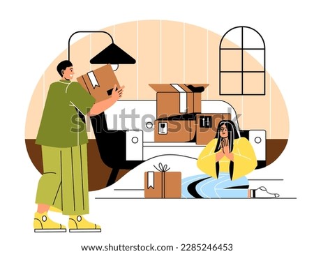 Family moving to new home. Man and woman with boxes in new room. Relocation and immigration. Husband and wife, courier and owner. Packages with things. Cartoon flat vector illustration