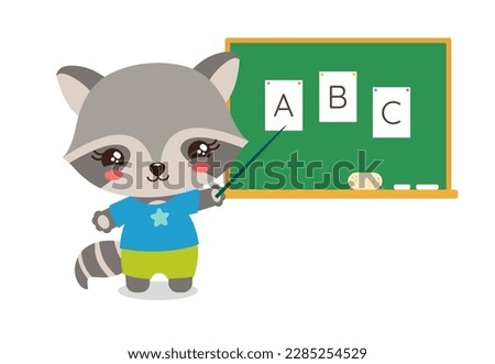 School student raccoon standing next to chalkboard with pointer. Abc learning. Cartoon raccoon cub elementary pupil. Cute kawaii animal. Primary school subject vector. Education resources.