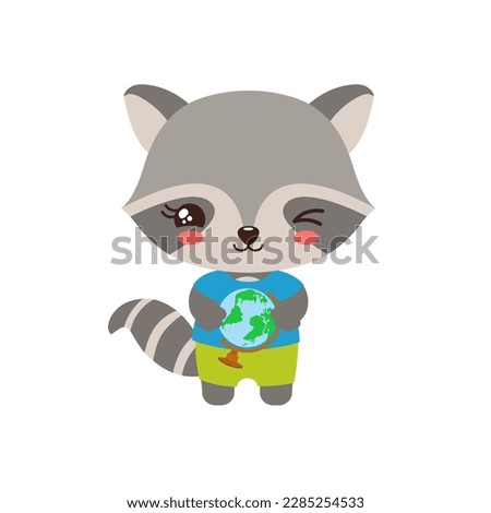 School student raccoon holding a globe. Social studies learning. Elementary pupil little raccoon kawaii animal. Primary school geography subject vector. Education clipart.