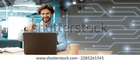 Cheerful confident european young businessman show thumb up sign with hand work on laptop in office interior with abstract lines, collage. Recommendation from professional and business