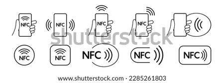 NFC payment with smartphone set icons. NFC Technology icon collection. Contactless NFC payment sign. Vector icon set. Royalty-Free Stock Photo #2285261803