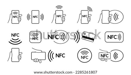 Set NFC wireless payment technology icon, contactless payment, credit card tap pay wave logo, near field communication sign, contactless pay pass fast payment symbol, smart key card contact nfc. Vecto Royalty-Free Stock Photo #2285261807