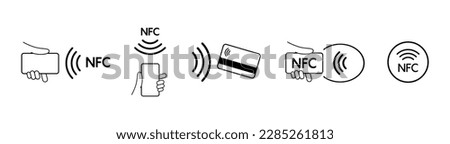 Set NFC wireless payment technology icon, contactless payment, credit card tap pay wave logo, near field communication sign, contactless pay pass fast payment symbol, smart key card contact nfc. Vecto Royalty-Free Stock Photo #2285261813