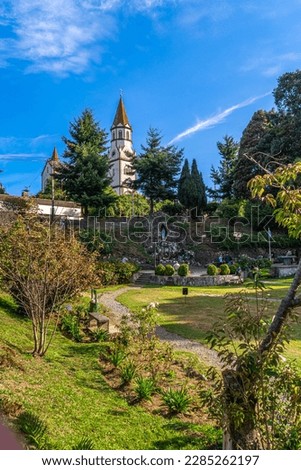 Puerto Varas, Los Lagos, Chile; march 26 2021: Photo of the Church of the Sacred Heart of Jesus seen from the grotto of Lourdes in Puerto Varas, Chilean Patagonia