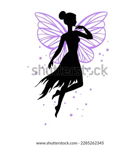Flying fairy vector silhouette illustration on white background.