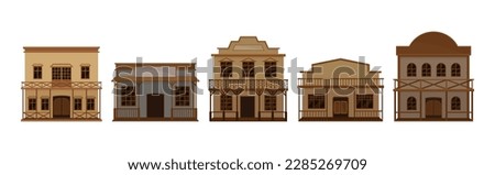 Western Wooden Saloon Bars and Buildings Vector Set Royalty-Free Stock Photo #2285269709