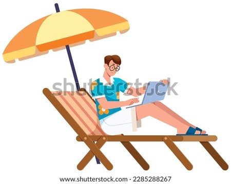 Flat style illustration with happy freelancer spending summer on beach lying on chaise lounge with laptop in his lap.
