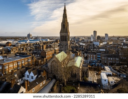 Aerial view of Leicester cathedral in Leicester, a city in England’s East Midlands region, UK Royalty-Free Stock Photo #2285289311