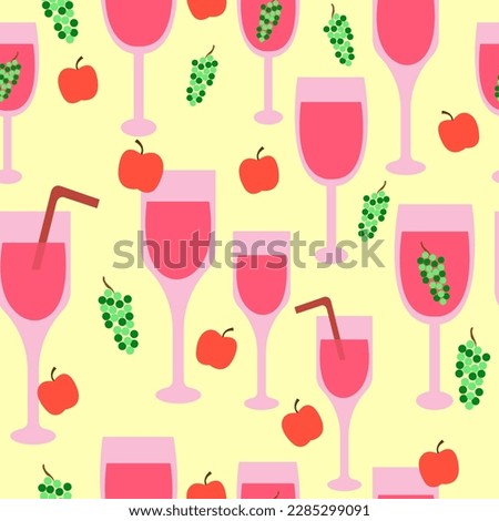 glasses with pink juice, straws, grapes and apple seamless vector pattern.