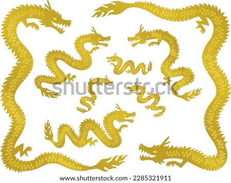 Illustration set of golden Chinese style long dragons of various sizes