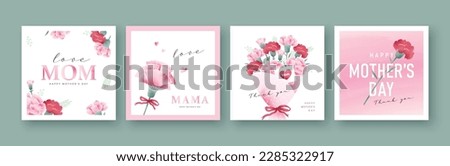 Set of Mother's day greeting cards with watercolor carnation flowers. Royalty-Free Stock Photo #2285322917