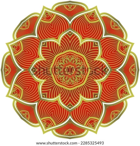 Abstract mandala with textured red color with golden lines