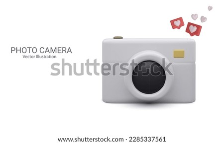 Social media content banner in 3d realistic style with camera and social icons. Vector illustration Royalty-Free Stock Photo #2285337561