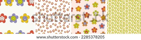 Four creative patterns pack, glad flowers. Multicolor repeating backdrops, smiley face, continuous design with creative shapes
