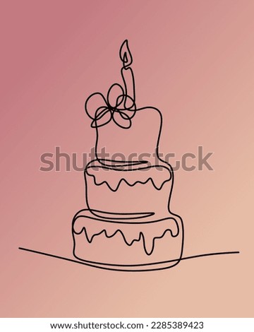 illustration in the style of cartoon, minimalism high cake several floors with cream and candles in a single line